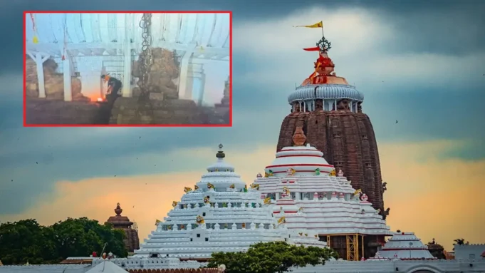 Youth climbs to the top of Puri Srimandir